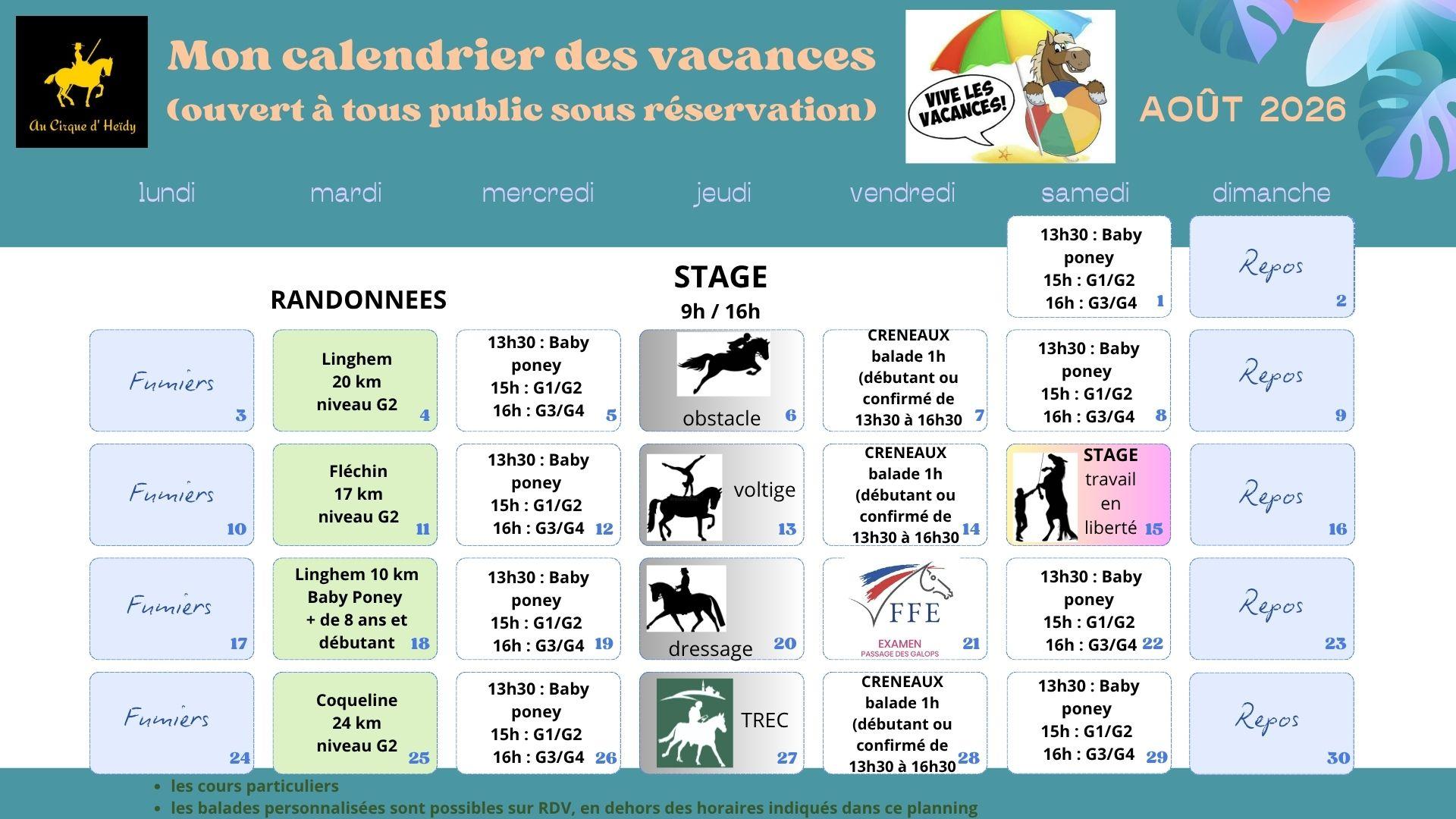 Calendrier des vacances aout