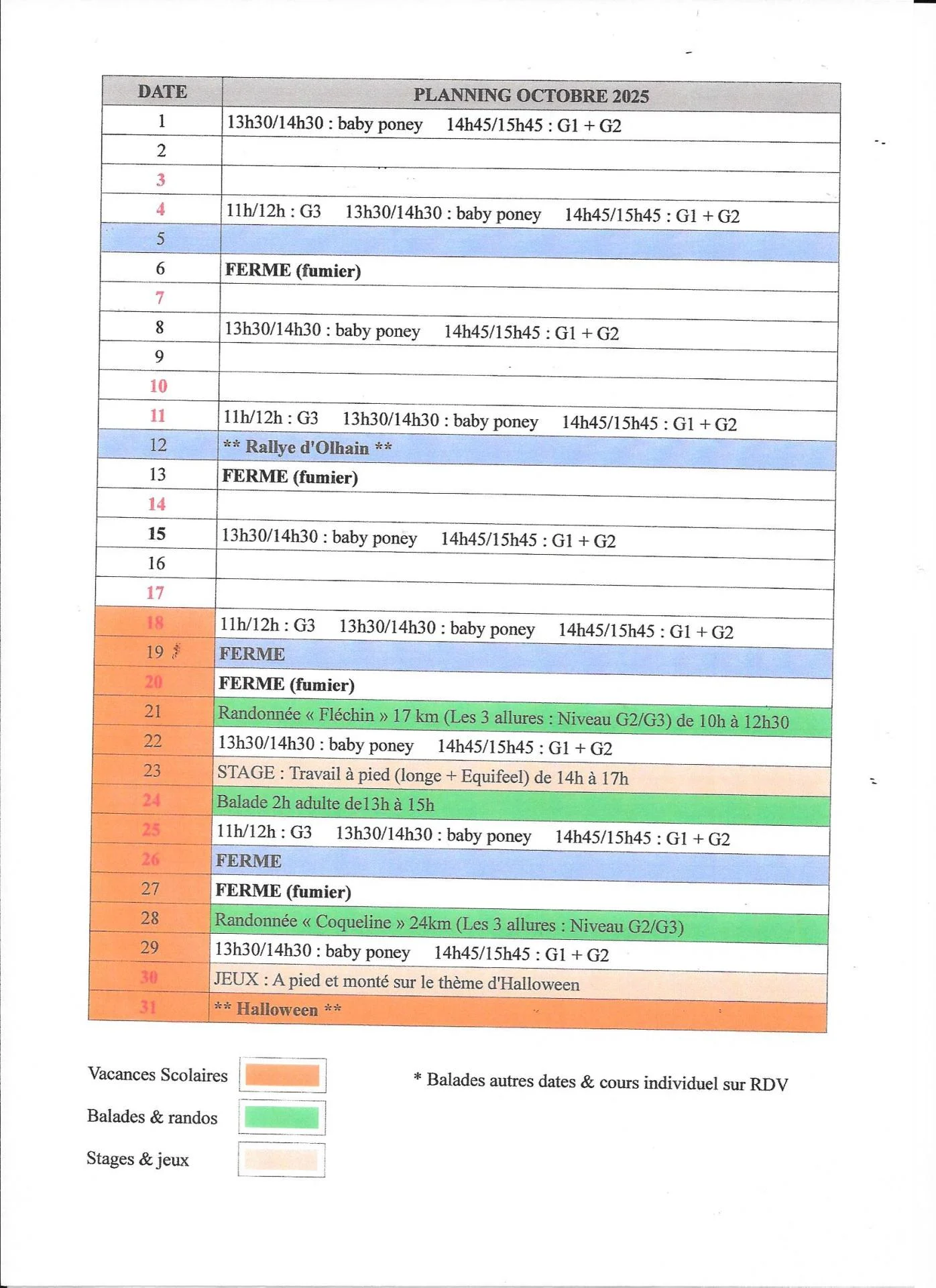 Planning chevaux numerise octobre